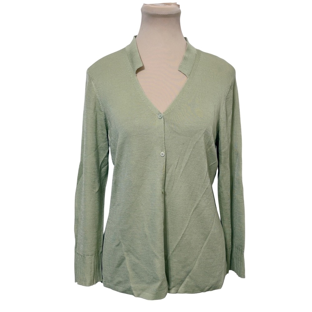 Sigrid Olsen Womens Cardigan Medium Green Split Neck‎ Minimalist Preppy Casual